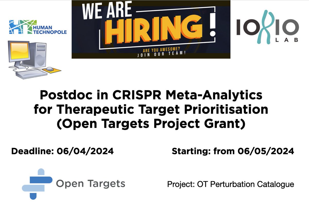 seeking a postdoc? liked these methods? shorturl.at/jlrD2 rb.gy/xv04n8 rb.gy/y7ydpj rb.gy/rjf6hl want to extend them to interStudy funcGenetics screens 4 cancer and other diseases? JOIN US @humantechnopole ! funded by @OpenTargets pls rt 🙏