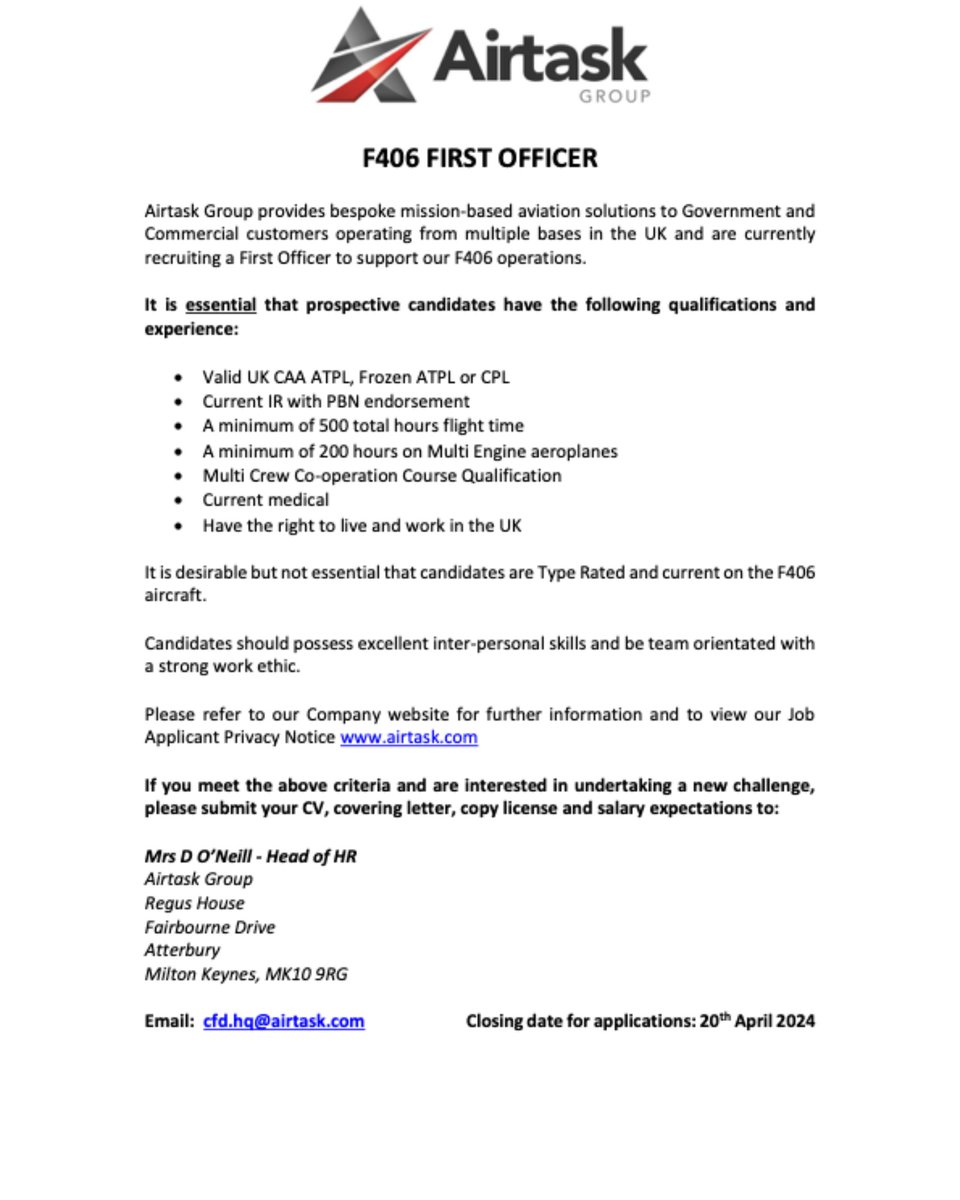 #JobAlert: Airtask Group are seeking a skilled, experienced and dedicated First Officer for F406 ops. 

Join our friendly and passionate team to soar high in your career. Read the full job description and apply today!  

 #AviationCareer #FirstOfficer #Airtask #NowHiring