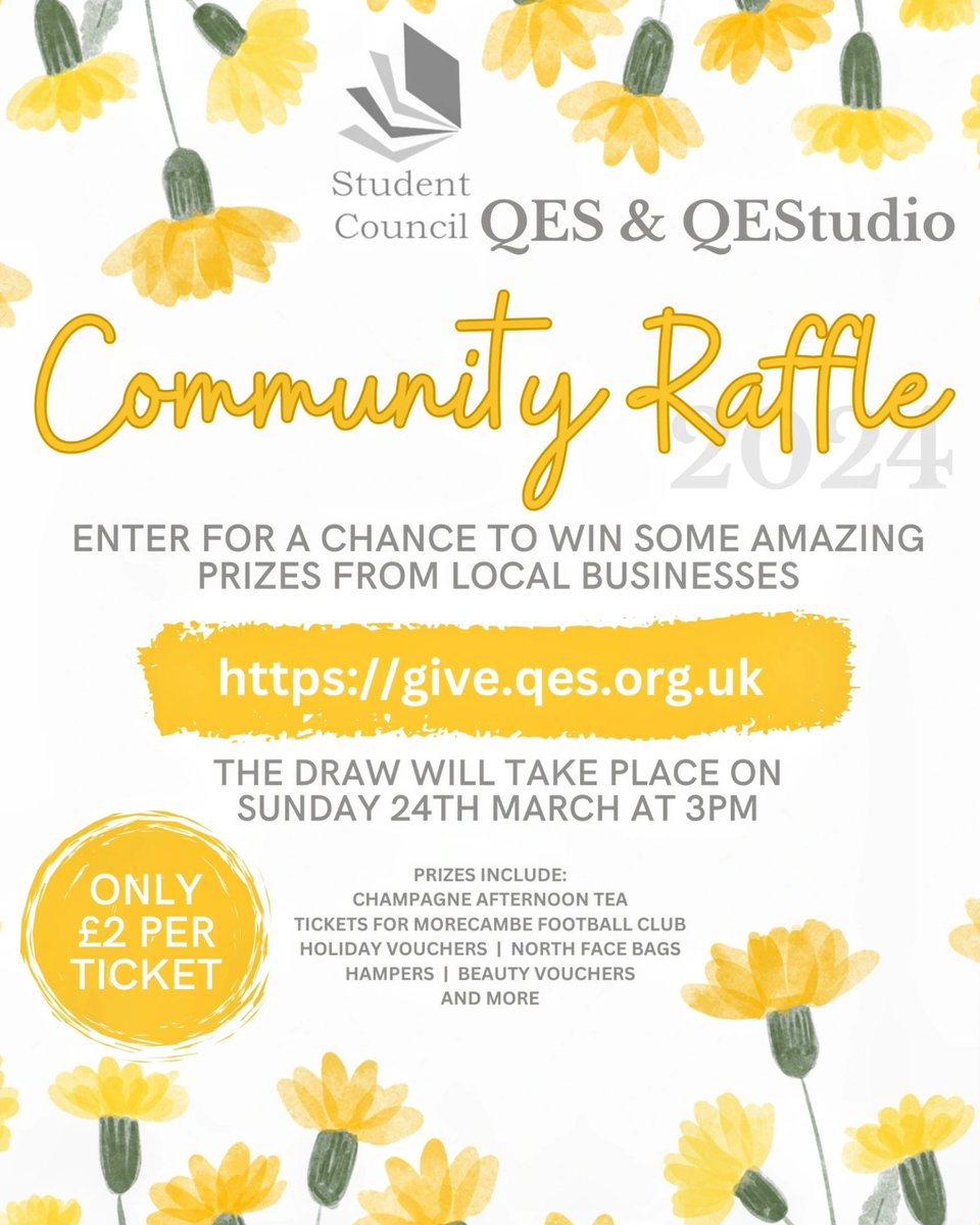 Please share far and wide! Our raffle ends on Sunday at 2pm! Winners will be drawn at random and contacted Monday evening to collect their prizes next week! It's only £2 to enter! give.qes.org.uk