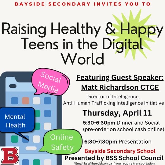We invite all BSS families to join us for this special presentation. Don’t worry about supper. Pre-order Farmer’s Daughter delicious subs at your own cost and join Admin and School Council members for dinner and social beforehand!  Looking forward to seeing you all!