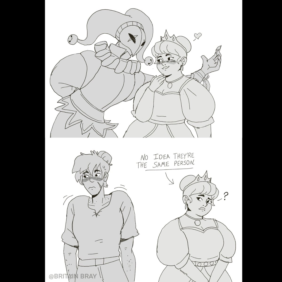 Jester+Princess / Butch+Femme lesbian fantasy story idea with a focus on secret identities and forbidden romance.