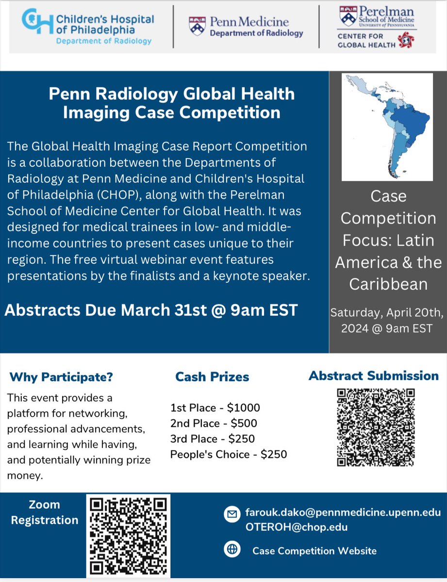 📣Calling Latin America & the Caribbean trainees interested in Radiology! ⭐️The Global Imaging Case Competition is back! Submit your abstracts by March 31st for a chance to present and win cash prizes!💰 Don’t miss out, visit our website: pennmedicine.org/departments-an…