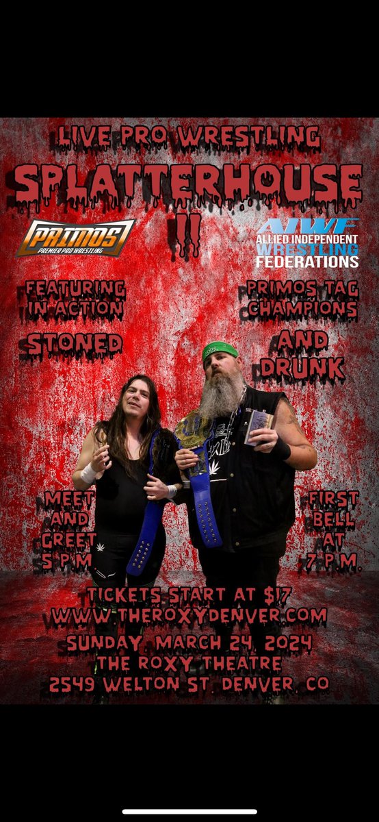 Primos Tag Team Champions Stoned and Drunk will be defending the newly-won gold for the first time at Splatterhouse 2! Tickets still available at - tickets.holdmyticket.com/tickets/425189 Stream live on FITE at - trillertv.com/watch/ppw-spla…