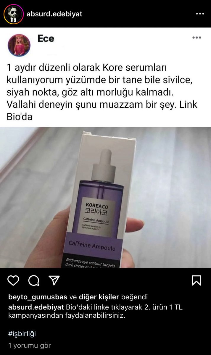 sabah bir arkadaşım bu ss'i attı şok oldum bazı Instagram hesapları benim profilimi kullanarak hiç bilmediğim markaların reklamını yapıyorlarmış. bu markayı hiçbir şekilde BİLMİYORUM, KULLANMADIM ve böyle bir tweet de ATMADIM. +