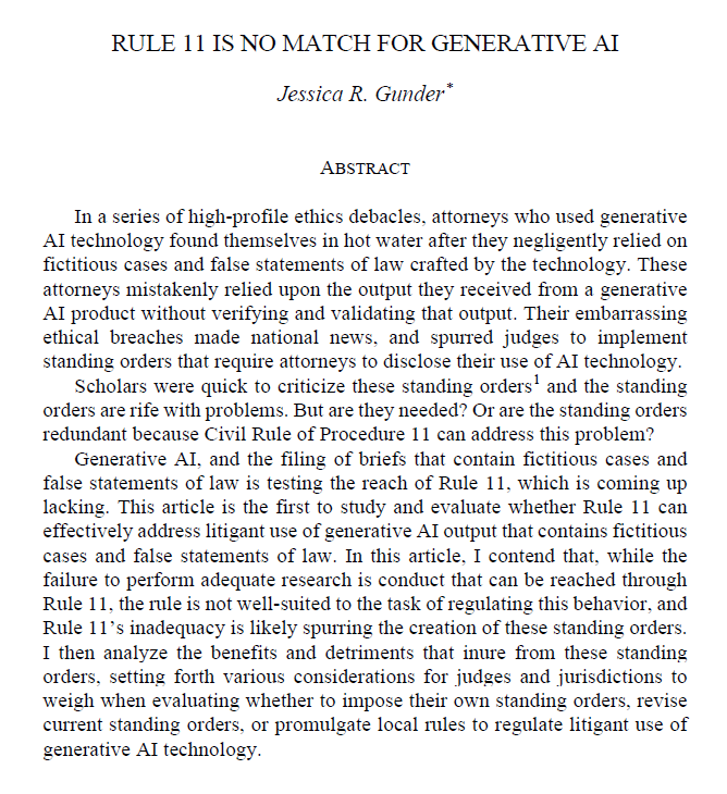 Alright! If any law reviews are looking for one last article, I just submitted my latest: Rule 11 Is No Match for Generative AI. It is available on SSRN here:
papers.ssrn.com/sol3/papers.cf…