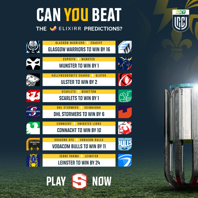URCOfficial's tweet photo. Here are @TheElixirr predictions for Round 12π
Standout fixture? π
Play now π²π
#BKTURC #URC | #ElixirrStats