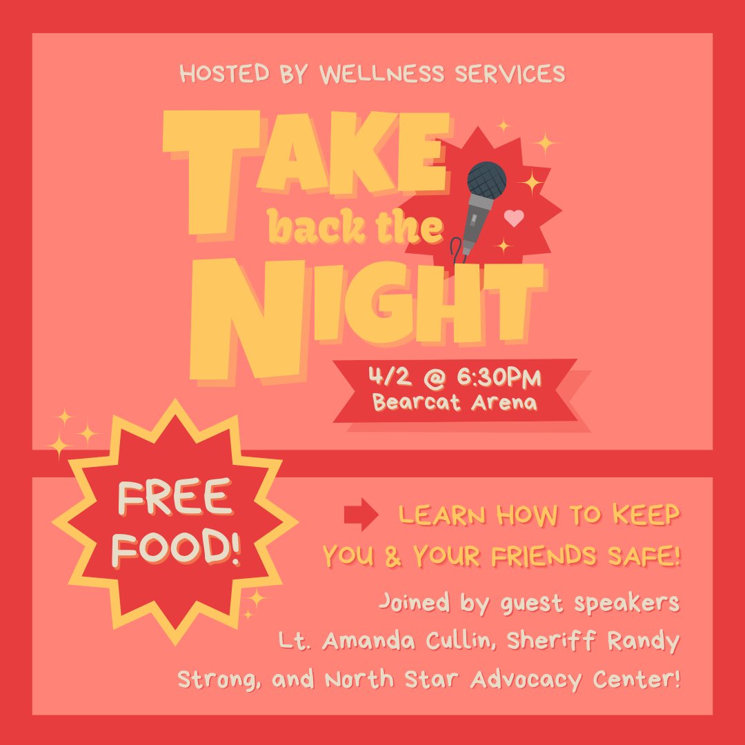 Join us for Take Back the Night April 2nd to hear from some amazing guest speakers, participate in self defense activities, and learn about how to keep you and your friends safe!🥊💪