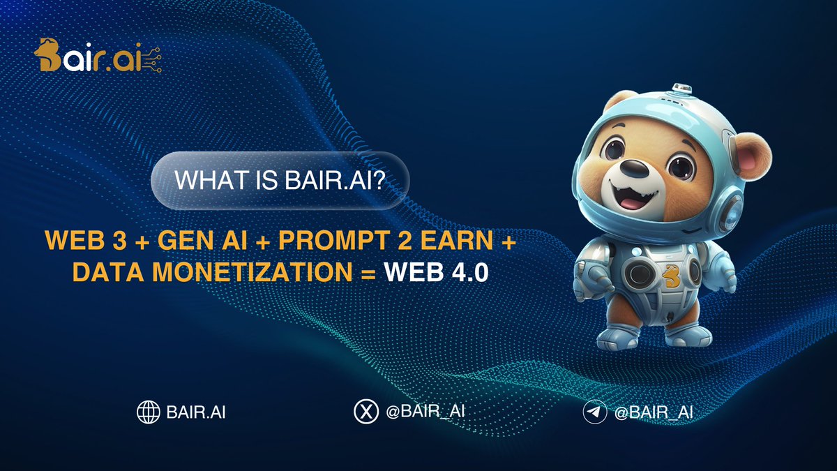 BAIR_AI's tweet photo. 🚀 Dive into the future with https://t.co/077w48KVPK! 🌐✨   

Merging Web 3's innovation with Gen AI's intelligence, we introduce Prompt 2 Earn & Data Monetization - paving the path to Web 4.0. 🛠️💡   

Your journey towards an empowered digital destiny begins here!   

Explore us now: https://t.co/GUzmrTgQyk  

#BairAI #Web40 #FutureIsNow