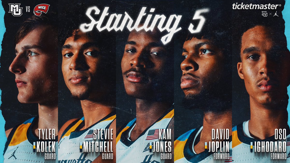 MarquetteMBB's tweet photo. Golden Eagles starting 5 for today’s NCAA Tournament First Round matchup vs WKU

📍 @GainbridgeFH
⏰ 1:00pm CT
📺 @TBSNetwork
🔊 https://t.co/8bgXq8unGM

#MUBB | #WeAreMarquette https://t.co/YdwaeDrcmI