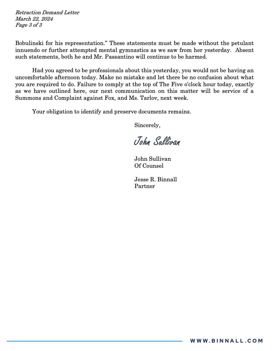 NEW: Tony Bobulinski's attorneys say the 'clarification' from Jessica Tarlov last night on 'The Five' was unsatisfactory. They have filed the following demand letter. The letter demands a 'complete retraction and apology by Ms. Tarlov AT THE TOP OF TODAY'S SHOW while showing…