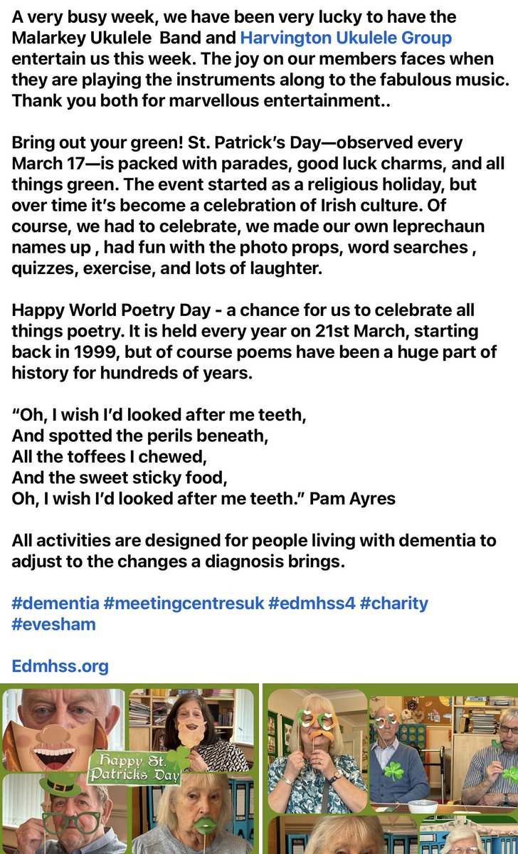 eadmc20's tweet photo. Malarkey Ukulele  Band &amp; Harvington Ukulele Group entertained us this week.The joy on our members faces.

St. Patrick’s Day celebrations,fun with the photo props,word searches,quizzes,exercise &amp; lots of laughter. 
World Poetry Day too.
https://t.co/bXDuMM8XGR #meetingcentresuk https://t.co/AeymxmEAVn
