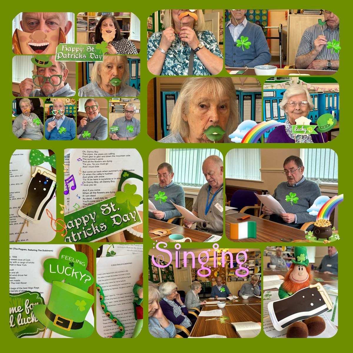 eadmc20's tweet photo. Malarkey Ukulele  Band &amp; Harvington Ukulele Group entertained us this week.The joy on our members faces.

St. Patrick’s Day celebrations,fun with the photo props,word searches,quizzes,exercise &amp; lots of laughter. 
World Poetry Day too.
https://t.co/bXDuMM8XGR #meetingcentresuk https://t.co/AeymxmEAVn