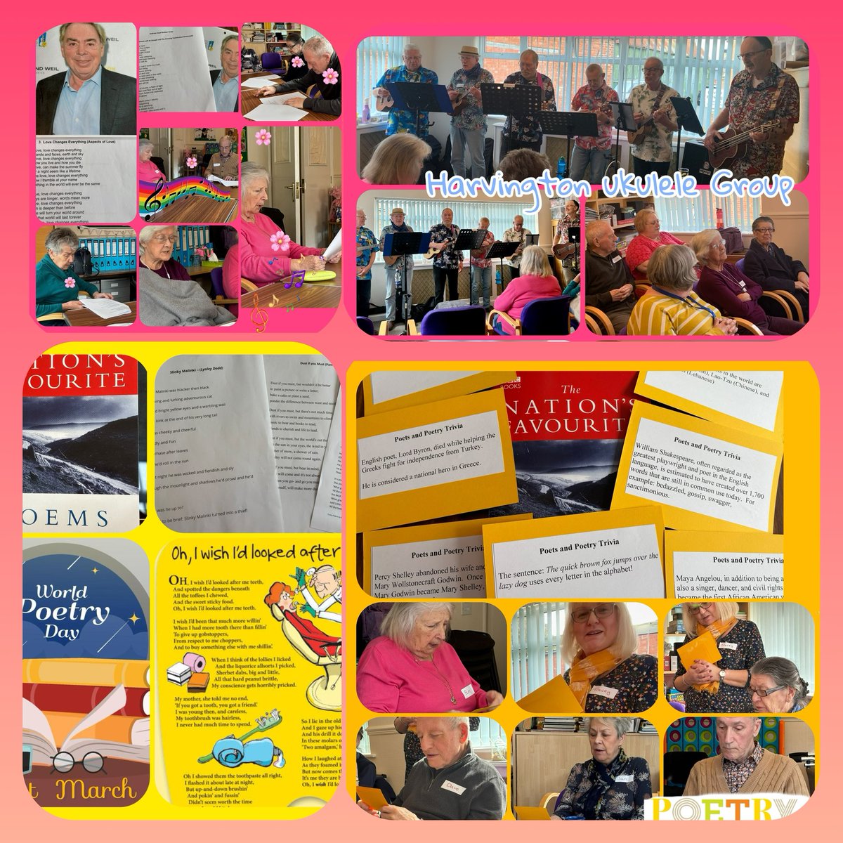 eadmc20's tweet photo. Malarkey Ukulele  Band &amp; Harvington Ukulele Group entertained us this week.The joy on our members faces.

St. Patrick’s Day celebrations,fun with the photo props,word searches,quizzes,exercise &amp; lots of laughter. 
World Poetry Day too.
https://t.co/bXDuMM8XGR #meetingcentresuk https://t.co/AeymxmEAVn
