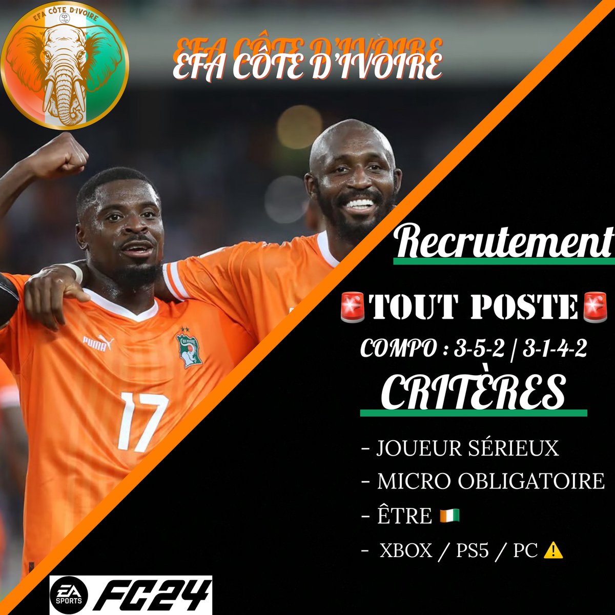 🇨🇮 Recrutement 🇨🇮 Pour les compétitions à venir nous recherchons des Joueurs de nationalité ou d'origine Ivoirienne pour rejoindre nos rangs 🔥 des sessions test et Amicaux sont prévues tous les W.E du Vendredi au Dimanche Lien du Discord dans la Bio ✏️ #ClubPro #EAFC24 #EFA