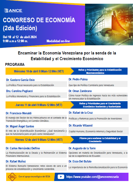 La Academia Nacional de Ciencias Económicas invita a la 2da edición de su Congreso Anual de Economía a celebrarse del 10 al 12 de abril. 

"Como encaminar la economía venezolana por la senda de la estabilidad y el crecimiento económico"

12 ponentes nacionales e internacionales.