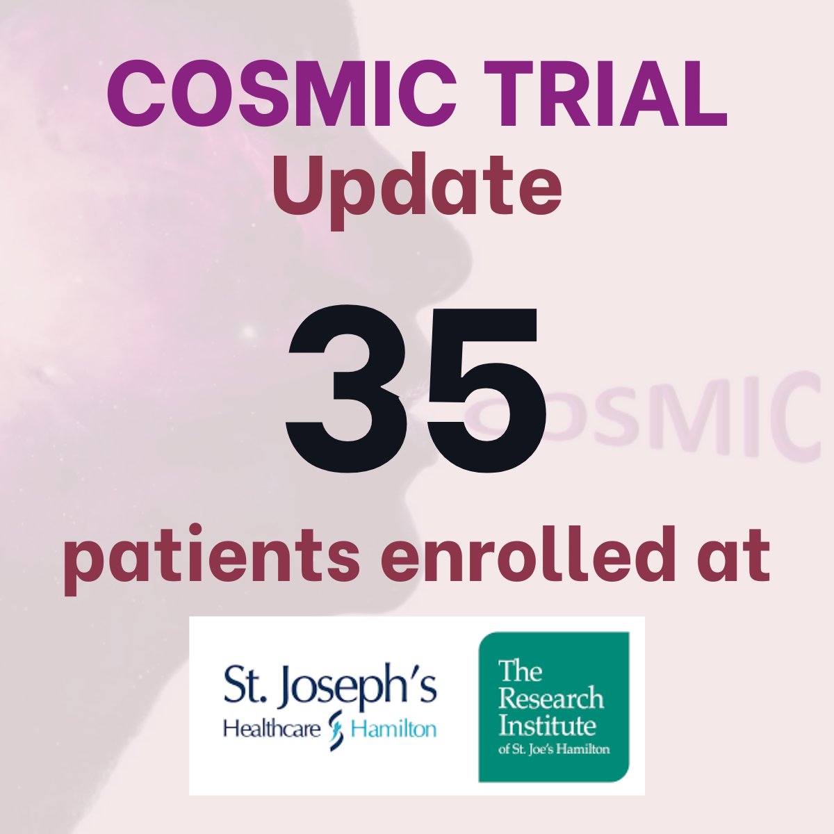 Cosmictrials's tweet photo. We're thrilled to announce that we're nearing the halfway mark in our COSMIC journey, with a total of 49 patients enrolled across all sites!

Visit our website for more information at https://t.co/JqMyHSHgdL https://t.co/s9iSBUoQwQ