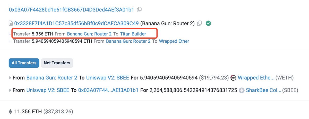 lookonchain's tweet photo. Someone made $1.1M in just 10 hours by trading $SBEE on #Ethereum!

He paid a tip of 5.356 $ETH and successfully sniped the token $SBEE first.

He bought 2.26B $SBEE with a total cost of 11.356 $ETH($37.8K)and sold 2B $SBEE for 257 $ETH($856K), realizing a profit of 245 $ETH($818K).

And currently has 265M $SBEE left, the unrealized profit is ~$283K.

https://t.co/feWFuUtxW4