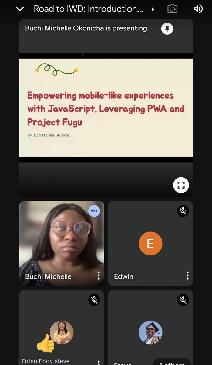 WTMBamenda's tweet photo. Thank you @mchelleOkonicha for joining us today for a session titled “Introduction to Progressive Web Apps”. It was very insightful and we look forward to making the web experience better 🚀 

#RoadToIWD #WTMBamendaIWD2024 #WomenInTech #WTMImpactTheFuture https://t.co/wKR1jurDKs