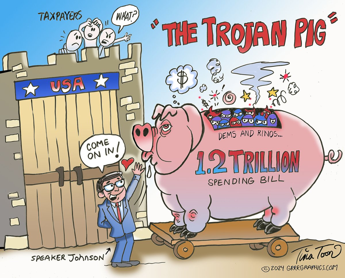 The Trojan Pig-Another Day another trillion dollar spending bill passed by the Uniparty #TinaToon #VacateTheChair #SpeakerJohnson #Uniparty So what’s inside the #TrojanPigSpendingBill Congress rushed to pass? Here are a few examples: $850k for a gay senior home $15 million to…