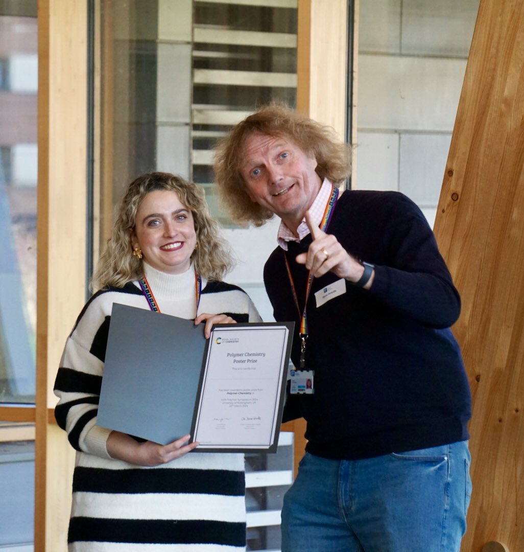 Congratulations to our poster prize winners! <a href="/caruana_james/">James Wilford 🇲🇹</a> and <a href="/valenaax/">Valena Axioti</a>. Thanks to <a href="/zifei_lu/">Zifei Lu</a> <a href="/PolymChem/">Polymer Chemistry</a> <a href="/RSCApplied/">RSC Applied journals</a> for the sponsorship and prizes!