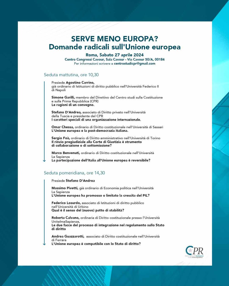 SERVE MENO EUROPA?
Sabato 27 aprile a Roma parliamone con il CPR

Abbiamo organizzato un importante convegno dal quale avremo molto da imparare.

La qualità dei relatori, l'attualità e rilevanza delle domande, comporranno un evento fra i più interessanti mai svolti sulla UE.