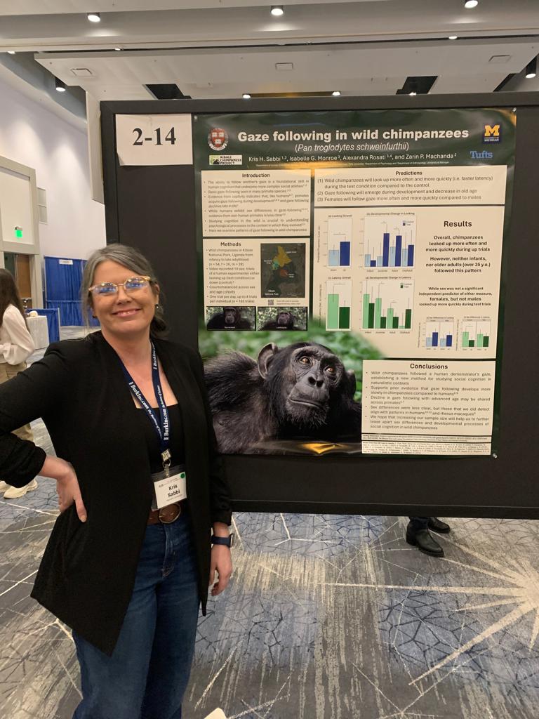 Had such a great time talking about our work taking a classic gaze-following paradigm into the forest to measure social cognition in wild chimps! @zeppypearl @AlexGRosati @IsabelleGMonroe #AABA2024