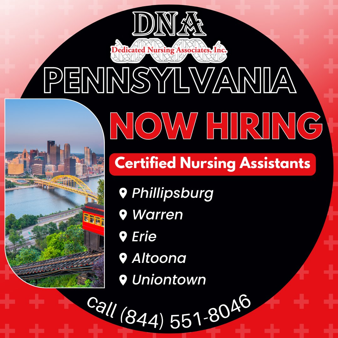 DedicatedNurses's tweet photo. Are you a Certified Nursing Assistant in PA? We're hiring! Call (844) 551-8046 to learn more!
#Nurse #Nursing #Nurses #CNA #NursingAssistant #PA #PAJobs #Pennsylvania #Phillipsburg #Warren #Erie #Altoona #Uniontown #TravelNurse #TravelAssignment #TravelNursing https://t.co/UvGal5NdMF