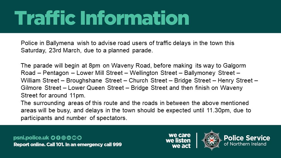 Road users are advised of the possible delays in Ballymena this weekend.