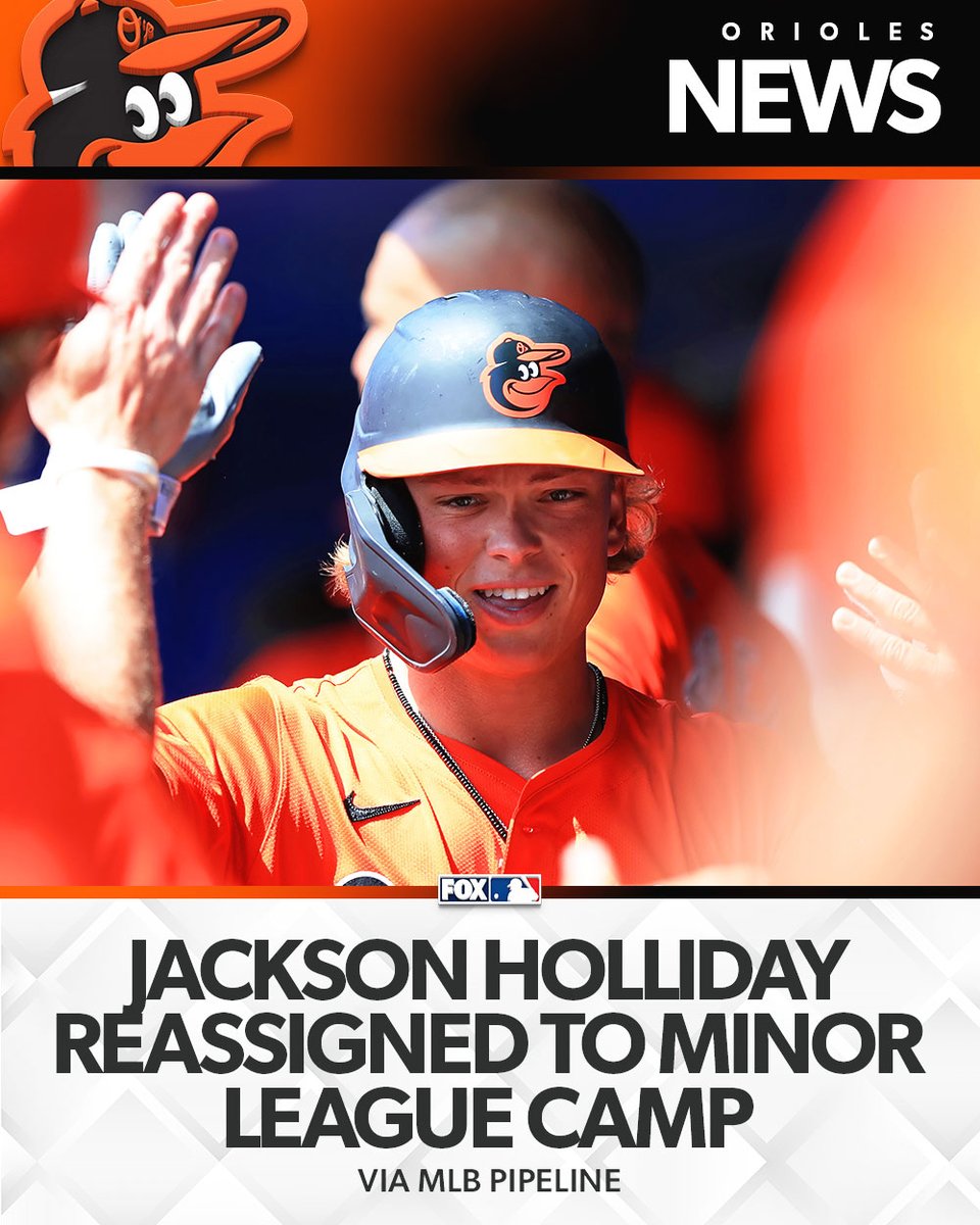 FOX Sports: MLB (@mlbonfox) on Twitter photo MLB No. 1 prospect Jackson Holliday has been reassigned to Minor League Camp, per <a href="/MLBPipeline/">MLB Pipeline</a> MLB No. 1 prospect Jackson Holliday has been reassigned to Minor League Camp, per <a href="/MLBPipeline/">MLB Pipeline</a>