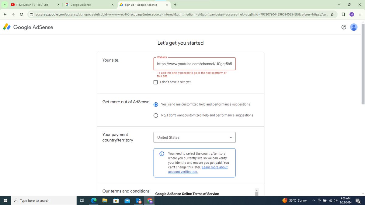 PantsulaAy's tweet photo. @TeamYouTube In the Gmail message, I was told my AdSense acc has been closed. So after opening a separate Email and was trying to put in for a new AdSense account through the YouTube studio,  I noticed the URL on the first tab did not appear Automatically. So I made it manual then I saw this: https://t.co/zNfh2HIgCw