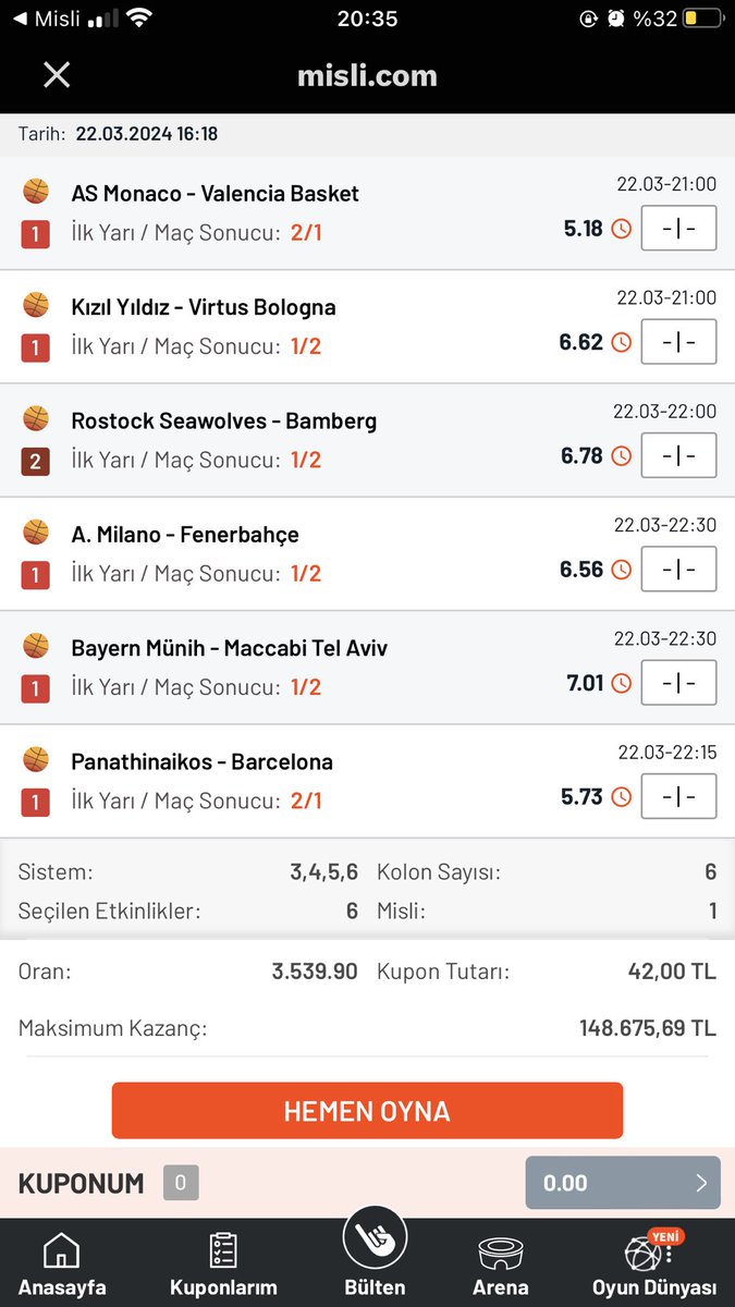 Günün euroleague maçları sistem kuponu denemeye değer