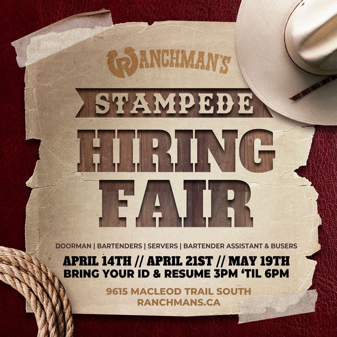 ranchmansyyc's tweet photo. π€ WE HIRING FOR STAMPEDE!!! π€
Want to work for the most at Canadaβs GREATEST Honky Tonk during the GREATEST Outsoor Show on Earth?
Weβre looking for Doormen, Bartenders, Servers, Bartending Assistants & Bussers.
#calgaryjobs #yychiring #yyc #calgary #calgarystampede https://t.co/Dr0GAMEWzB