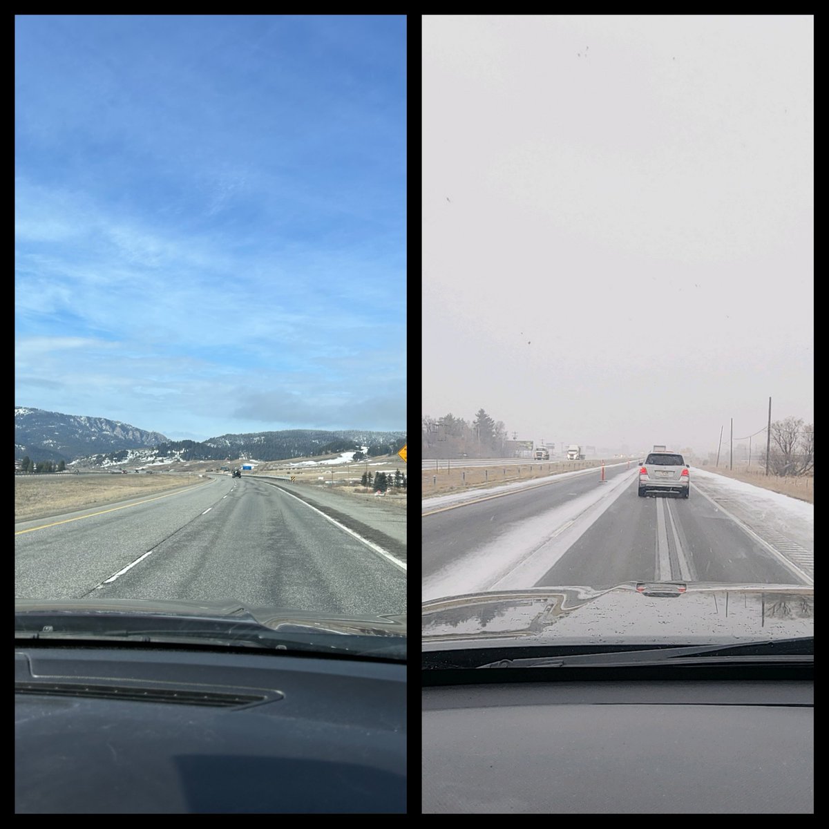 Montana weather is crazy. I was meeting up with someone today and we only live two hours apart. On the left was her weather. On the right was mine, same times. When I ended up sideways after hitting black ice on a bridge, I decided maybe we should turn around and not die lmao