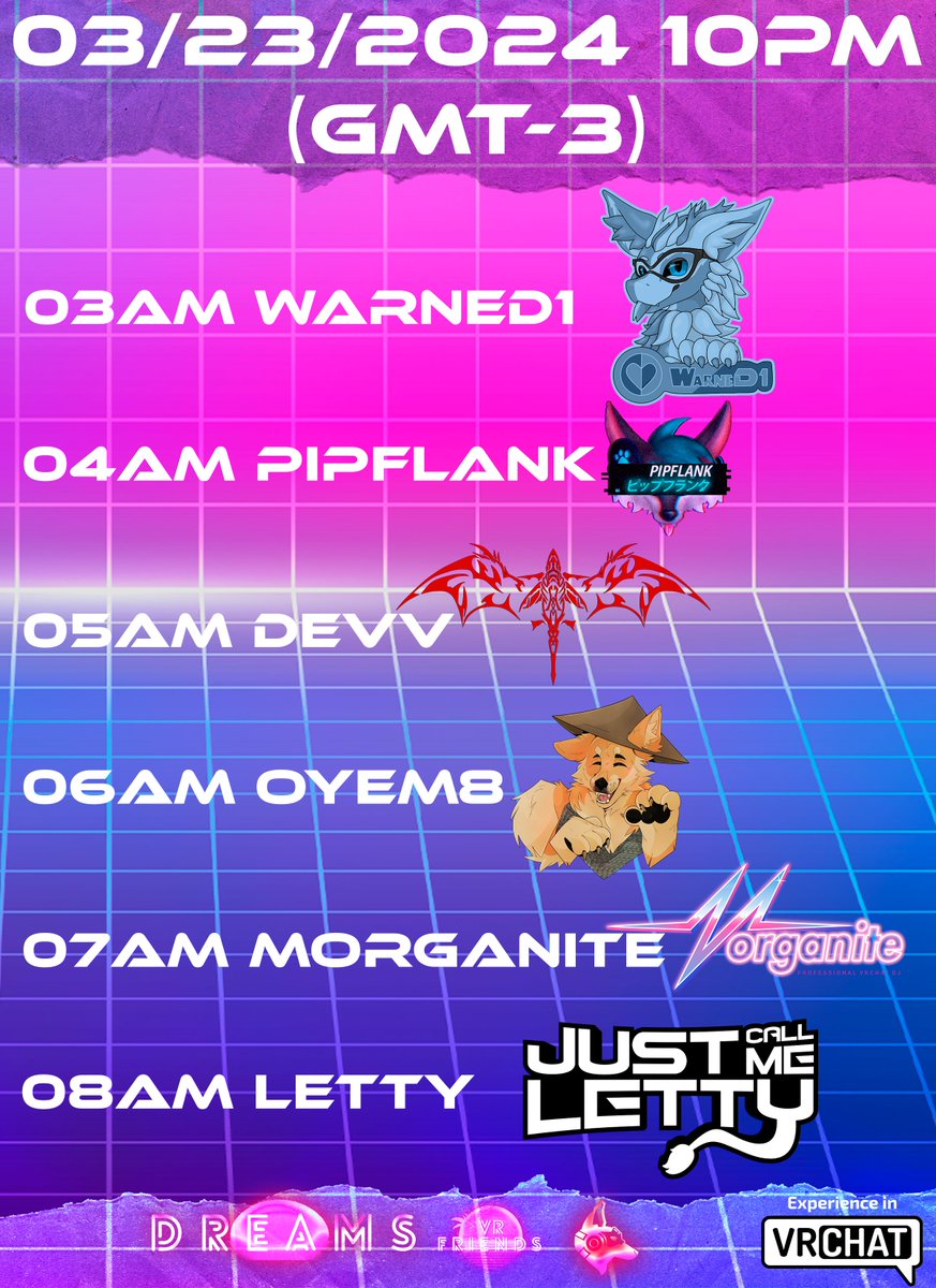 VirtualFurMix's tweet photo. 🎉 Epic Party Alert! 🎉 Save the date: March 23, 2024, at 9:00 PM (GMT-3). Check out our lineup of DJs and set times below. Get ready for a night to remember! 🎶 #EpicParty #DJLineup #SaveTheDate https://t.co/uVF3x787QO