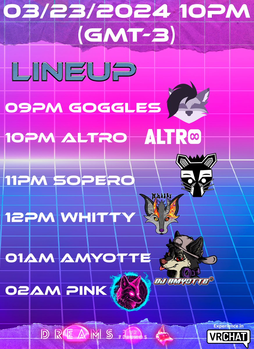 VirtualFurMix's tweet photo. 🎉 Epic Party Alert! 🎉 Save the date: March 23, 2024, at 9:00 PM (GMT-3). Check out our lineup of DJs and set times below. Get ready for a night to remember! 🎶 #EpicParty #DJLineup #SaveTheDate https://t.co/uVF3x787QO