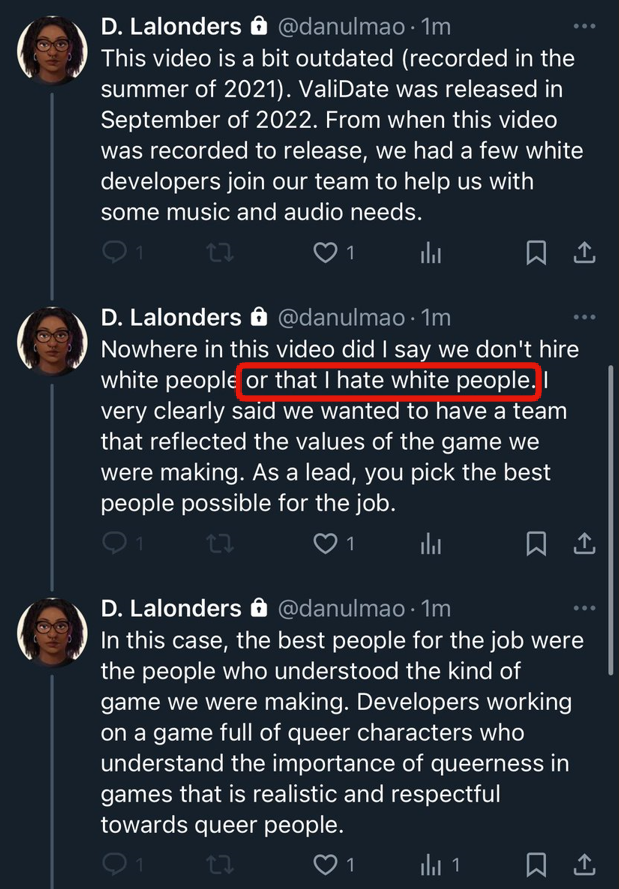 Grummz's tweet photo. Former Sweet Baby Inc. dev claims it was all misinformation. Claims she doesn't hate white people.

Immediately get's called out by ex-friend and co-dev on her Validate game.

Sweet Baby Inc. is full of racists. Nobody in MSM reports this. https://t.co/uXrw9AjMT1