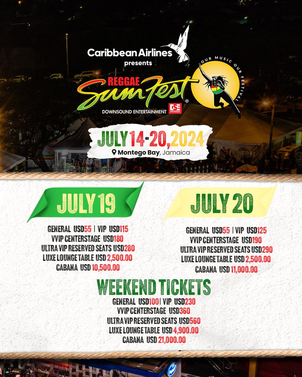 🎟️ Stay Tuned to this page! Early bird tickets will be available online soon. In the meantime, check out our prices and share this post with your friends... tell 'em to pull up! Presold tickets will be available online and at ticket outlets islandwide*