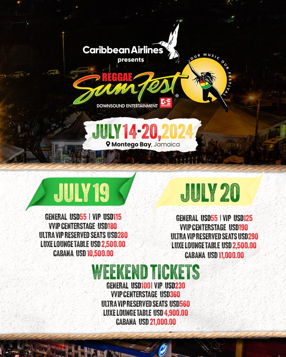 reggaesumfest's tweet photo. 🎟️ Stay Tuned to this page! 
Early bird tickets will be available online soon. 
In the meantime, check out our prices and share this post with your friends... tell 'em to pull up!

Presold tickets will be available online and at ticket outlets islandwide* https://t.co/6InopJmdhm
