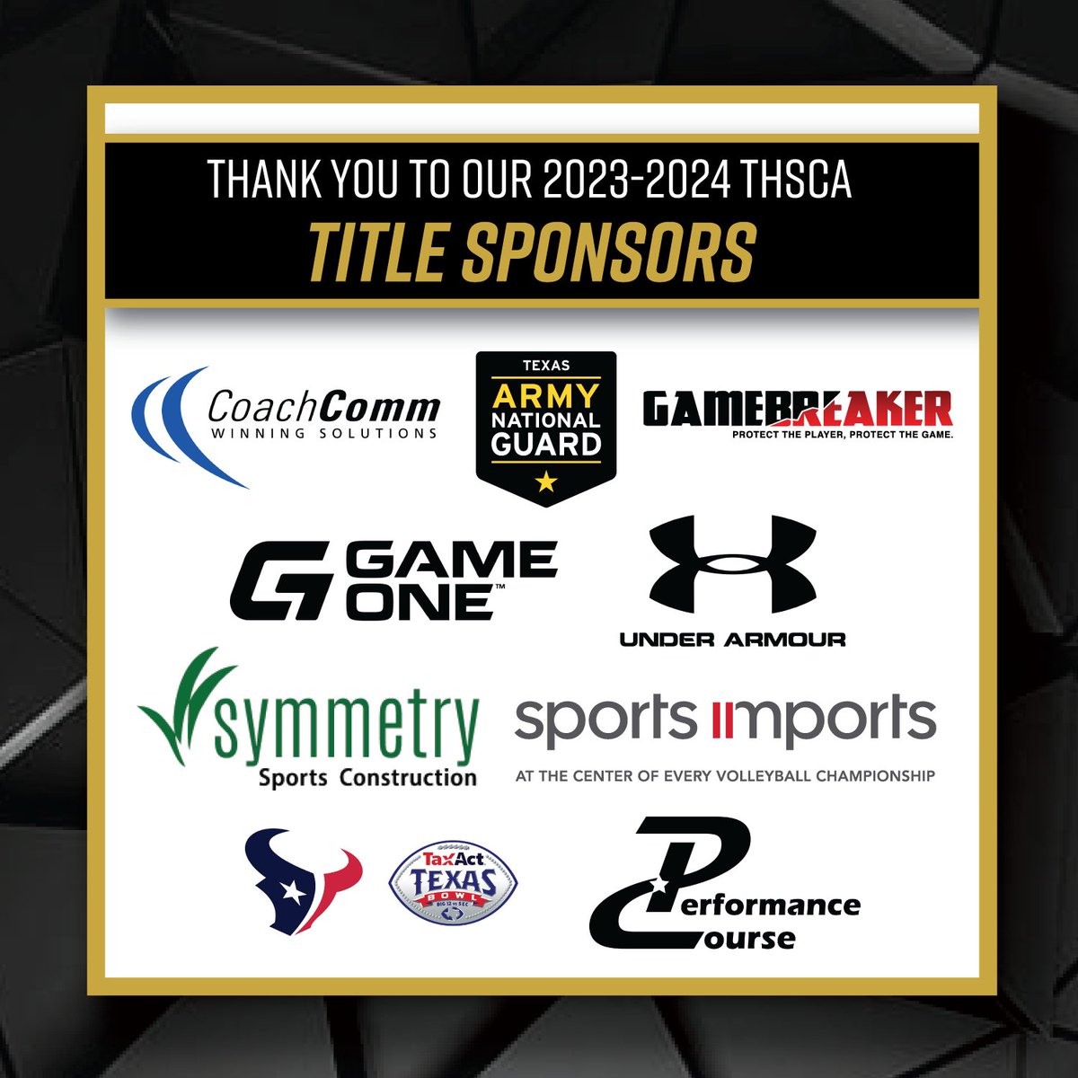 👏Let's hear it for our 23-24 THSCA Title Sponsors!👏 Thank you for supporting our Texas coaches! #THSCAstrong @CoachComm @TexasGuard @gamebreakerhg @GameOne_USA @UnderArmour @Symmetry_Sports @SportsImportsVB @HoustonTexans @TexasBowl @PCnowisthetime thsca.com/sponsors