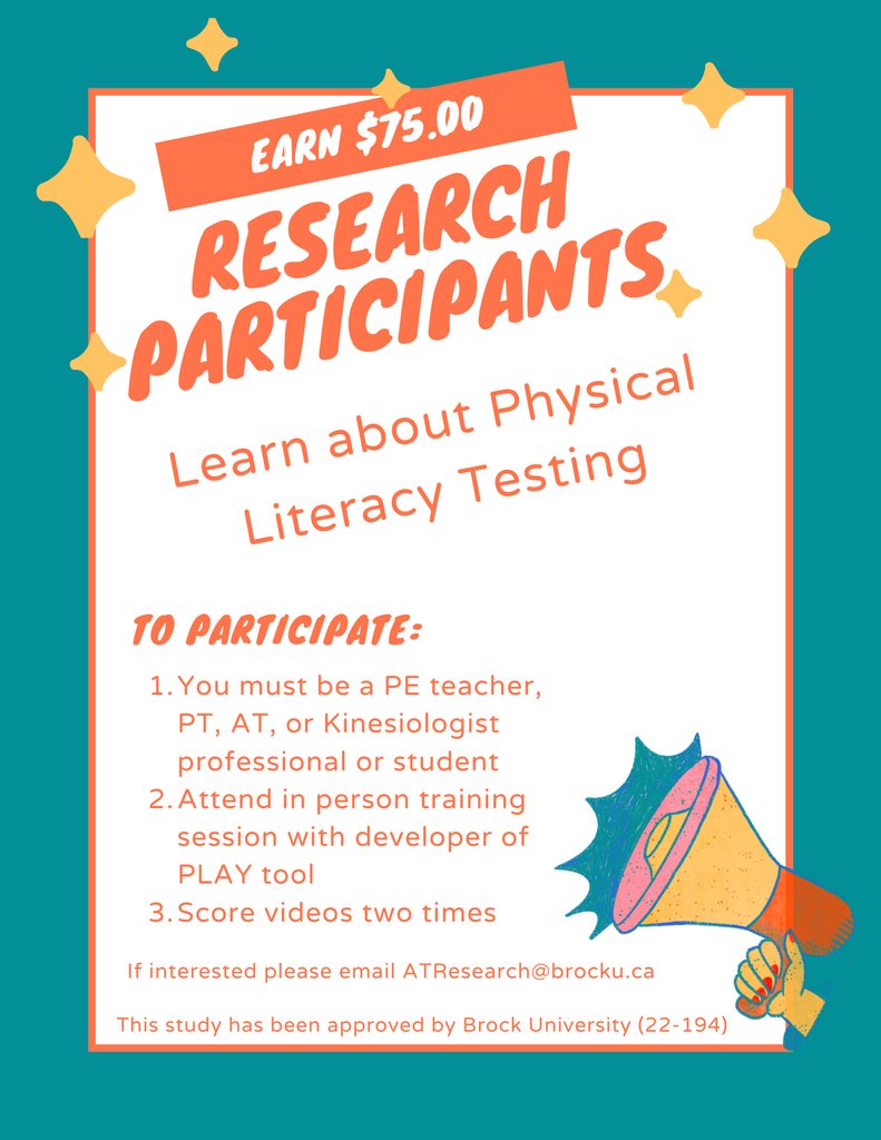 BrockCHYDS's tweet image. Calling all PE teachers, PT's, AT's, kinesiologists and students in these fields!

Check out the study opportunity (attached). You can earn $75! Reach out to ATResearch@brocku.ca to participate.

#research #kinesiology #physicaleducation #physicaltherapy #athletictherapy