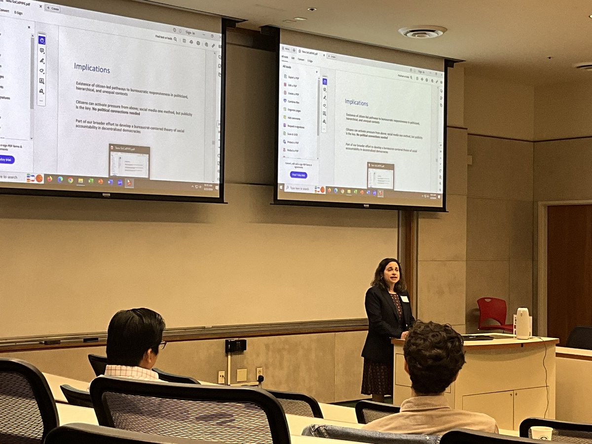 EdHeadington's tweet photo. Great to have #UCR’s #JenniferMerolla serve as Discussant to #TanuKumar’s presentation on “Democratizing Bureaucracy: Citizen Voice and Local Government Responsiveness in Rural India” at #SoCalPIPE here at #CGU.
#politicalscience #claremont .@cgunews .@MerollaJenn .@UCRiverside https://t.co/vkKPYbtkxQ