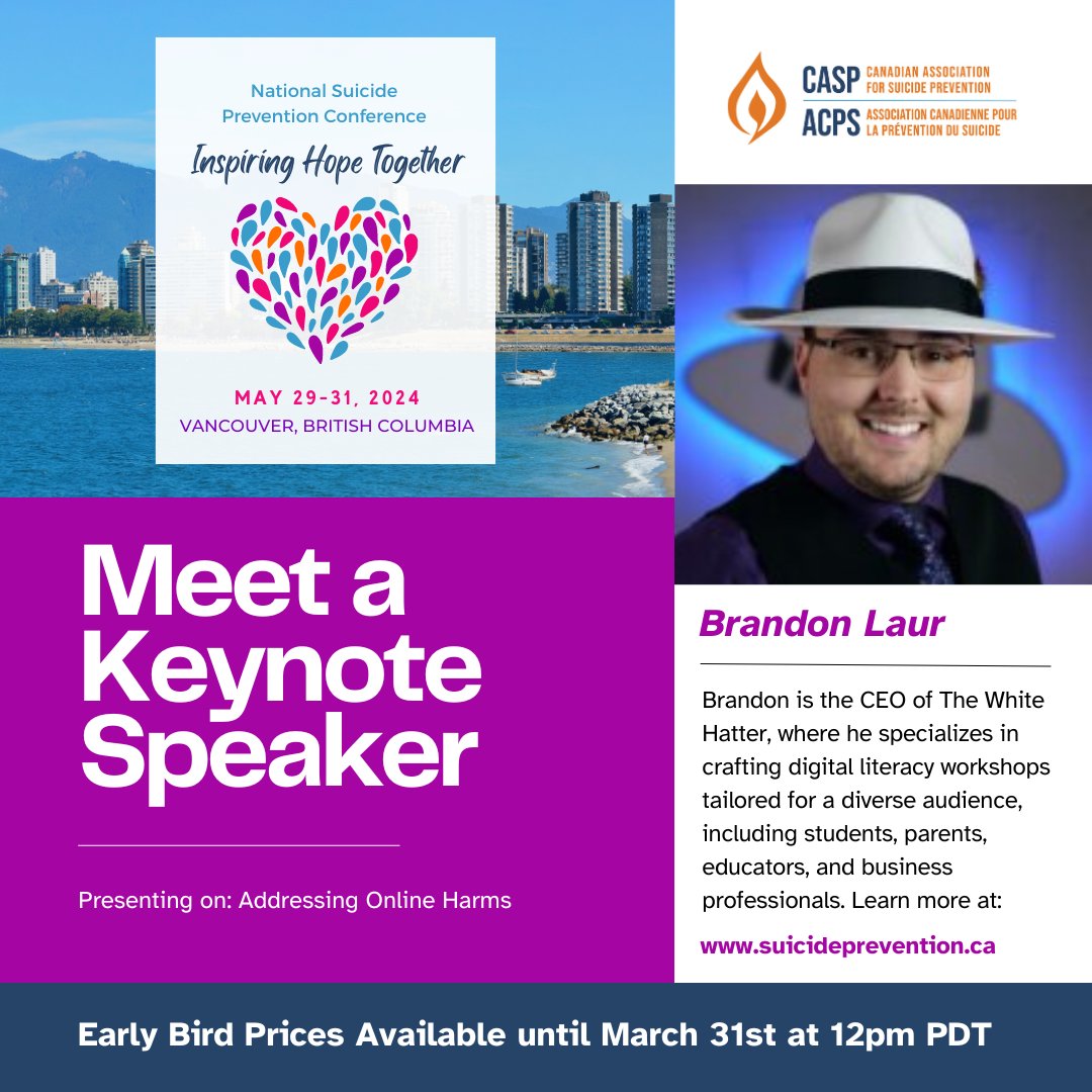 Keynote Speaker Spotlight! We are thrilled to announce Brandon Laur will be one of our keynote speakers at the National Suicide Prevention Conference this May! Brandon will be presenting on “Addressing Online Harms” Visit bit.ly/4bh0Elx to learn more and register today!