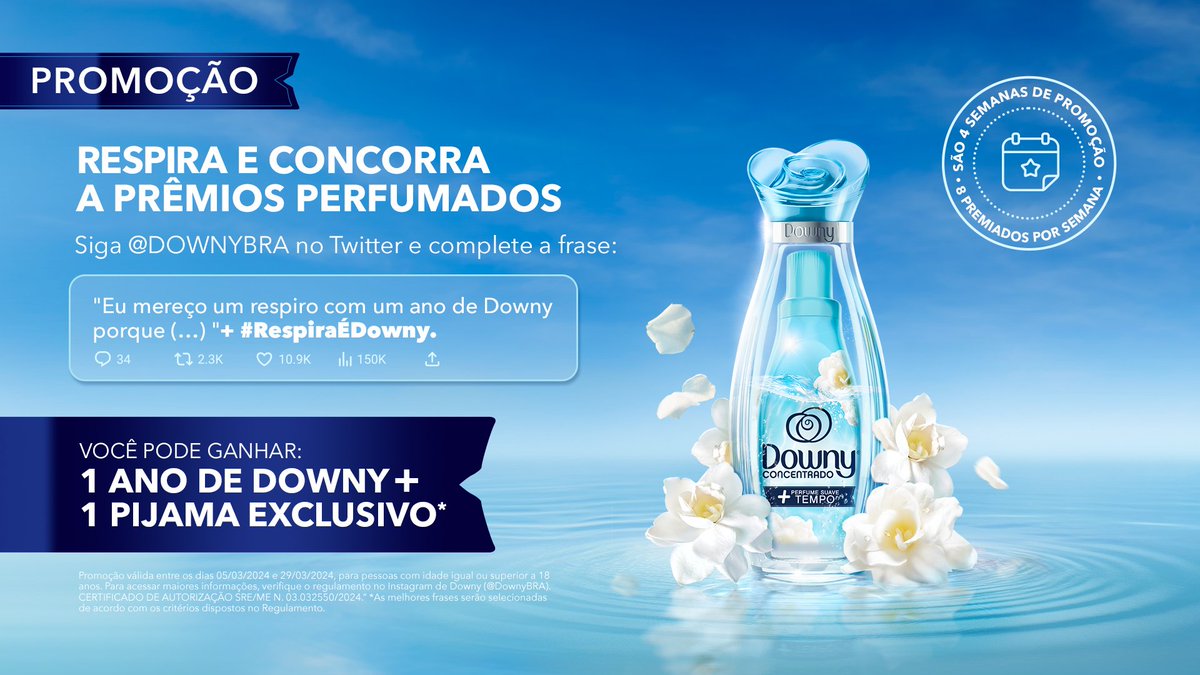 Você tem até o fim de março para participar da Promoção 'Respira e concorra a prêmios perfumados'💙 Quanto mais criativa sua frase, mais chances você tem de ganhar 1 ano de Downy + 1 pijama exclusivo. Respira, se inspire, siga a gente aqui no Twitter e capriche. #RespiraÉDowny