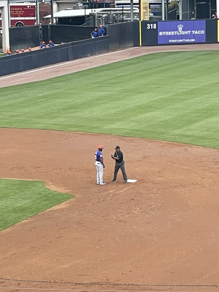 Mets RF Starling Marte chatting up an umpire between innings, seeking clarification on the Lindor obstruction call yesterday. Umpire demonstrated positioning around the base with his body. Chat lasted about a minute.