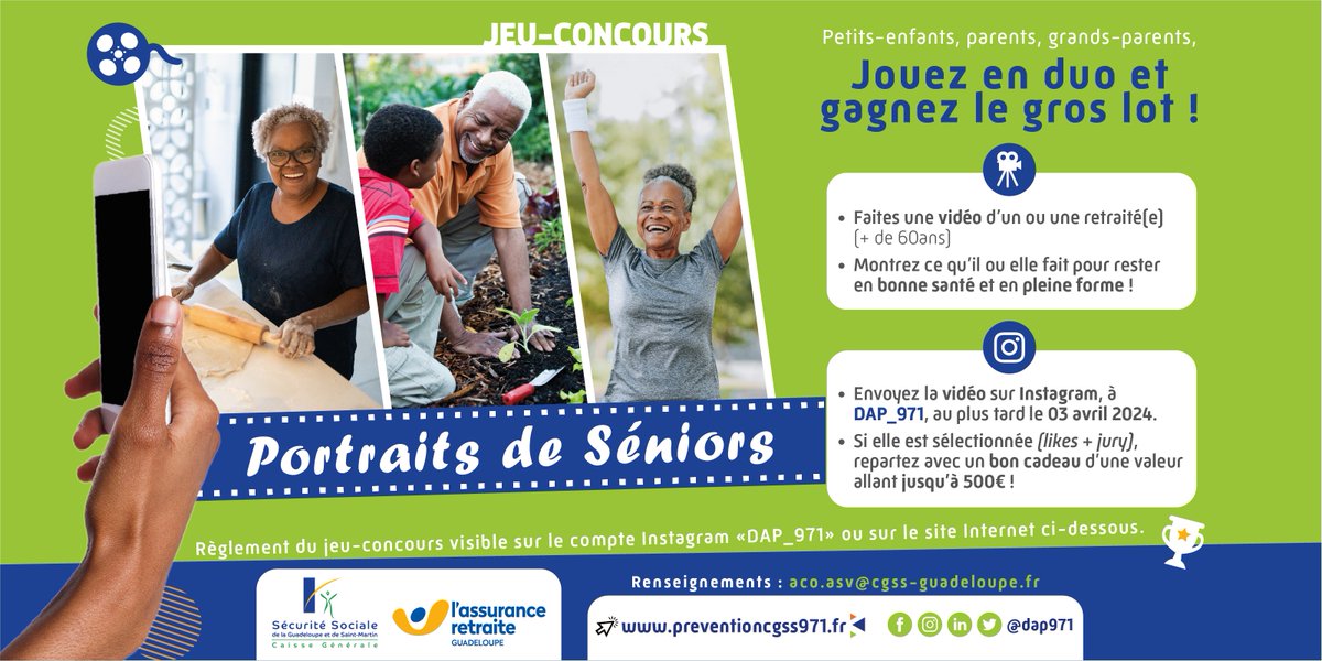 dap971's tweet photo. 🎁 #Jeu concours 
Portrait #sénior : Valorisons nos #ainés !
La CGSS vous fait gagner des bons #cadeaux pour vous faire plaisir ✈️
Comment participer ?
Rendez-vous sur : 
https://t.co/saIrIPVNHS

#cgss971 #Guadeloupe #retraités #jeuconcours https://t.co/cZfUxwU6yE