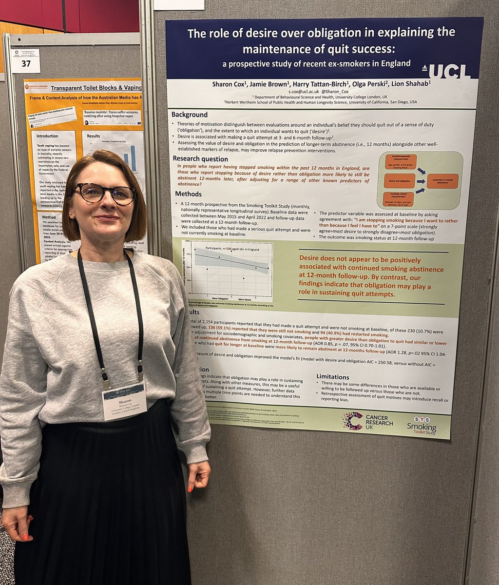 Does it matter if you stopped smoking because you wanted to or felt obliged to? Exciting new analysis by @UCL_TARG , led by @Sharon_ACox presented at #SRNT2024!