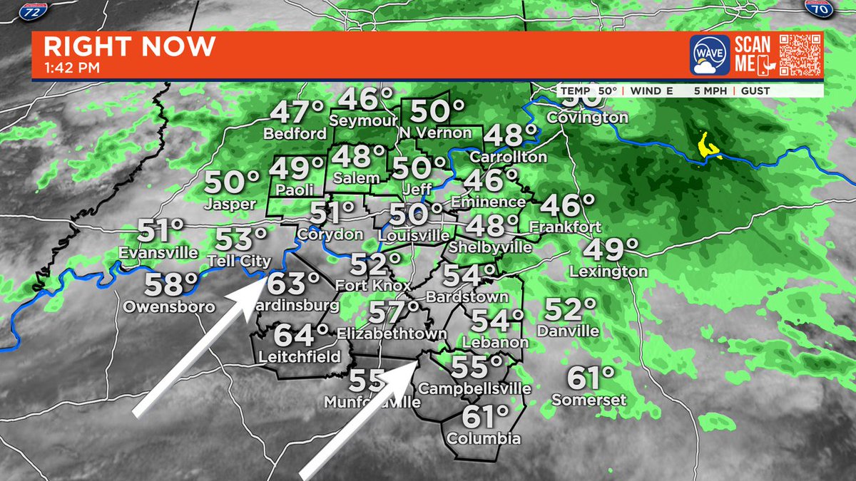 SOME THINNING of the clouds to the south---pushing northeast at this hour. This will allow for a nice jump in temperatures in its path with 60s and 70s likely. Those to the north, likely will deal with the clouds/light rain and cooler weather.