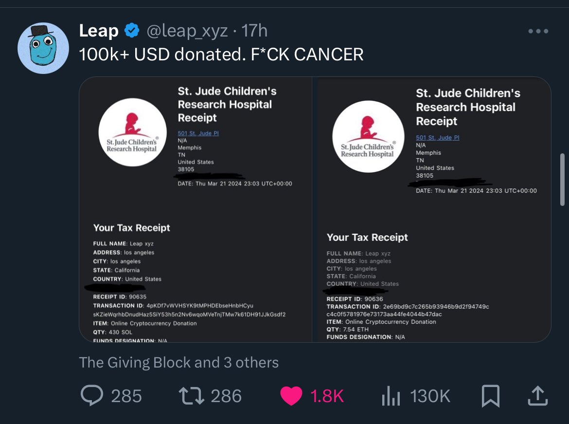 Leap.

•Been in the space for years
•Consistently working
•Built a stellar reputation
•Cultivated a mass following

Had the opportunity to launch ANYTHING

His first ever stunt:

Raises $100,000 for a Children’s Cancer hospital

.. 

Keep the good people close to you here.