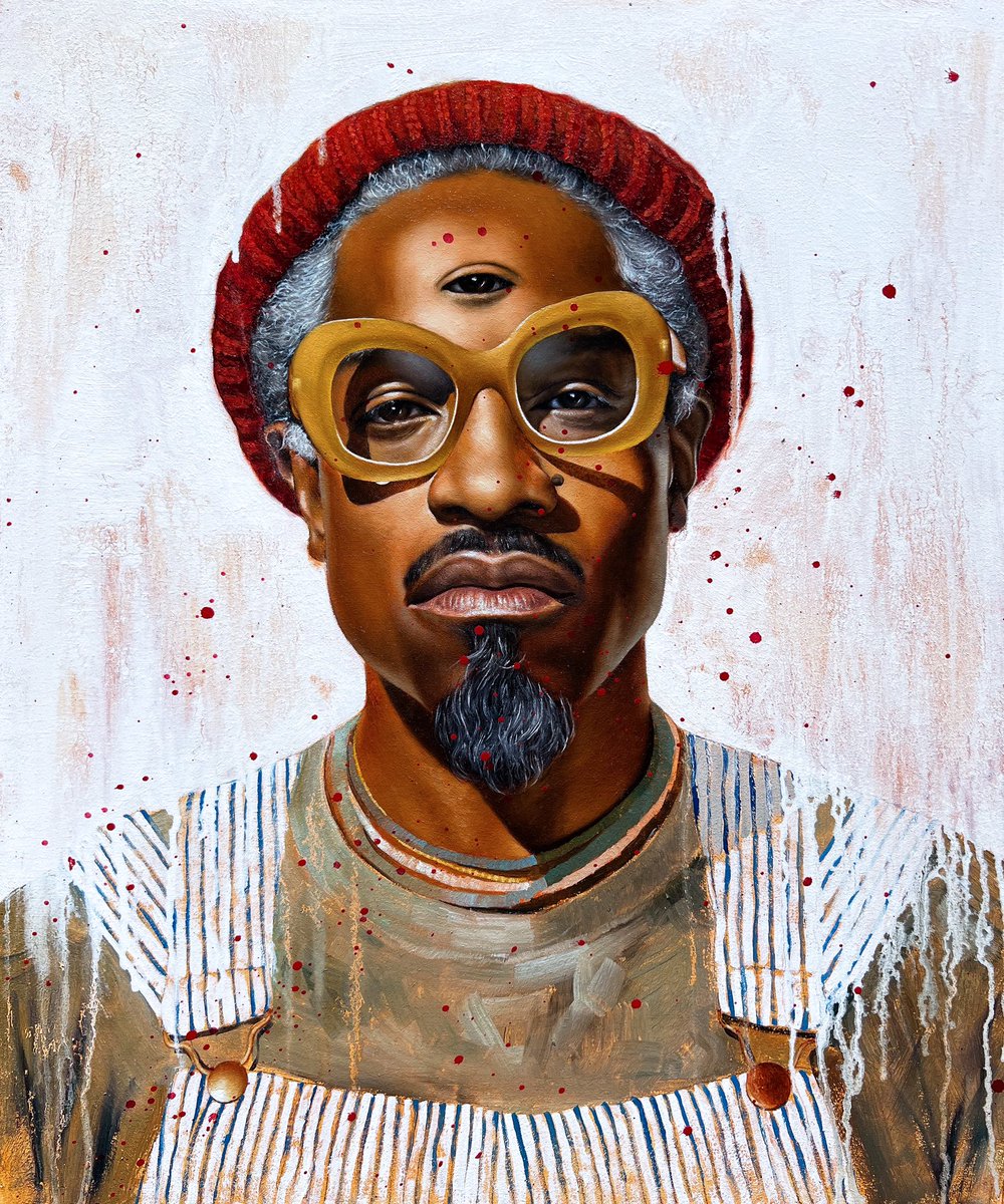 Large hand embellished prints are sold out! Only 18 x 24 left so get yours while it’s up! isaacpelayo.myshopify.com “TRES MIL” 2024 Oil and aerosol on wood panel 20 x 24 #andre3000 #outkast