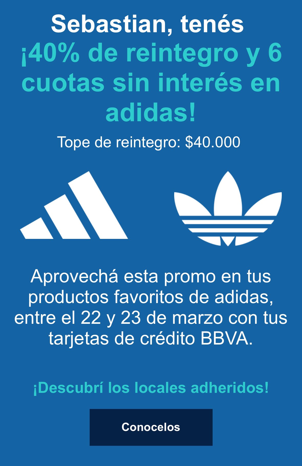 Seba El chico de las millas on X Si alguien necesita algo de adidas hay 40 off Y 6 cuotas sin interes Con tarjetas del BBVA No aplica en todas